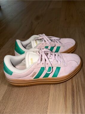 adidas Pink Suede Sneakers with Green Stripes and Gum Sole